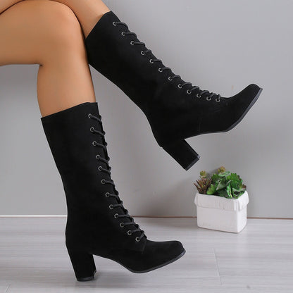 Winter Women Boots Shoes Fashion Vintage Lace-up Boots Women Round Cowboy High Heels Booties Shoes Woman Botas Mujer