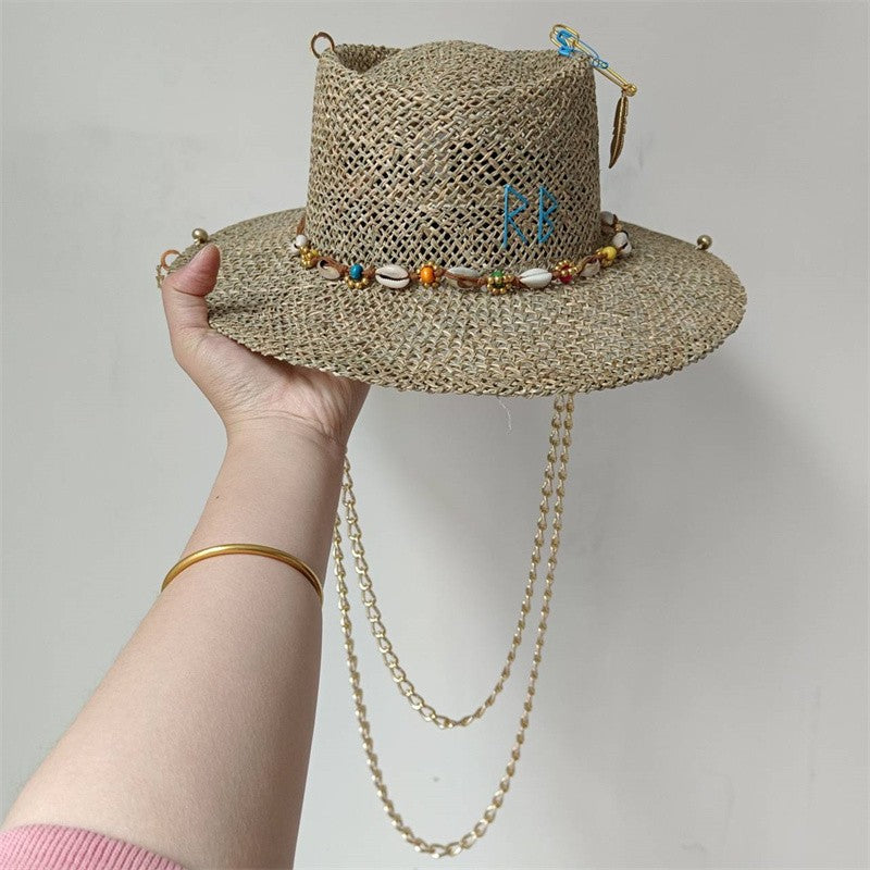 Chapéu de Palha Corrente Punk 2023 Novo Chapéu de Sol Acessórios Corrente Dourada Jazz Hip Hop Chapéu de Verão Estilo Punk Chapéu de Praia Chapéu de Igreja