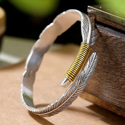 Pulseira Bracelete de Prata Esterlina 925 Pena Flor Dourada Vintage Punk Para Mulheres Homens Joias da Moda Presente Dropship Atacado