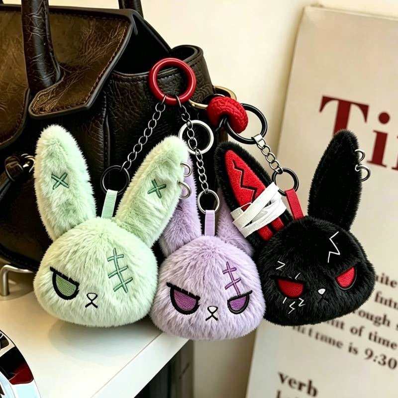 Gothic Bunny Plush Keychain Rabbit Bag Charm Bandage Rabbit Pendant Dark Horror Bunny Doll Keyring Bag Charm Halloween Gifts