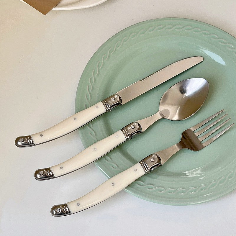 Conjunto 6 Peças Talheres Laguiole Branco Prata Facas Garfos Colheres Bife Conjunto Polimento Espelhado Coleção Inox Talheres Natal Colher de Chá
