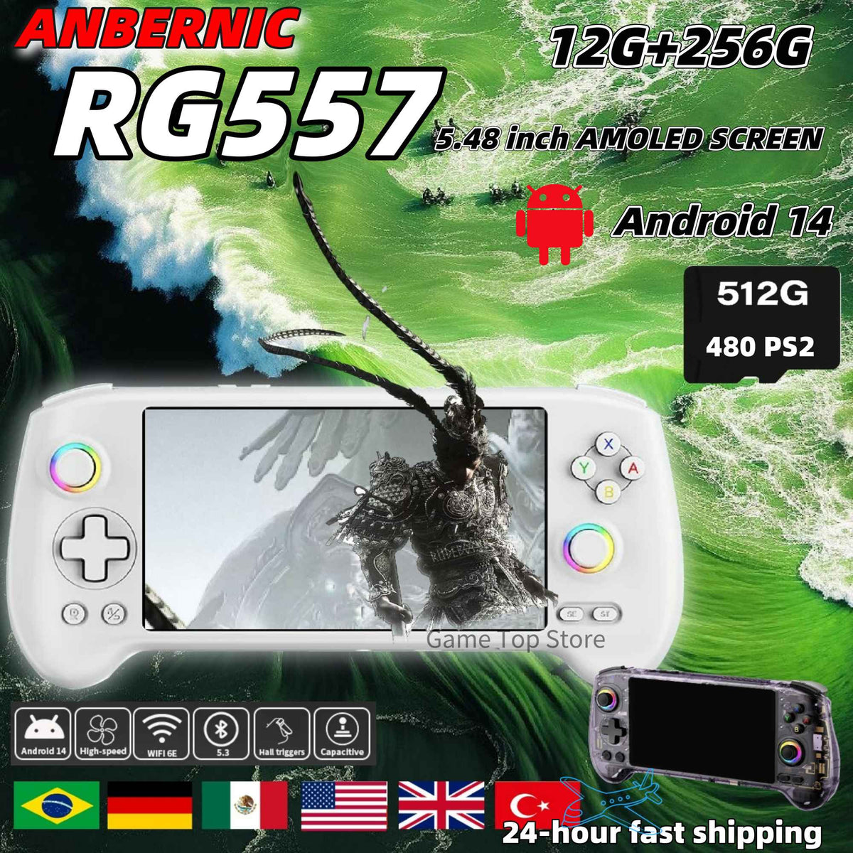 ANBERNIC RG557 Retro Handheld Game Console Android 14 5.48 Inch AMOLED Screen Video Player High-resolution Joysticks RG 557 PS2