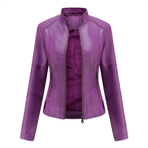 Red Women's PU Jacket, Vertical Collar Zipper Motorcycle Leather Coats,  Fashion Casual Coat Female Outerwear, Black Purple Top.