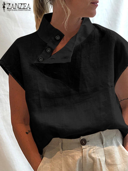 ZANZEA Fashion Women Blouses 2024 Summer Cotton Linen Blusas Mujer Stylish White Shirt Elegant Short Sleeve Tunics Lightweight