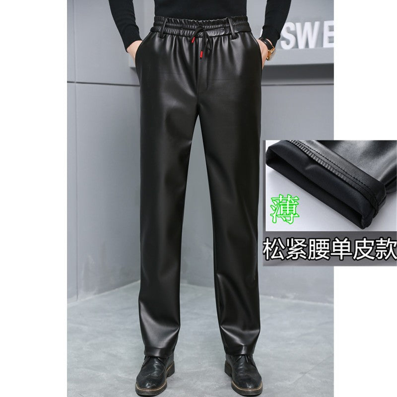 Men's Loose High-Waisted Fce-Lined Thiened Motorcycle Leather Pants Windproof Waterproof Busin Casual Long Trousers