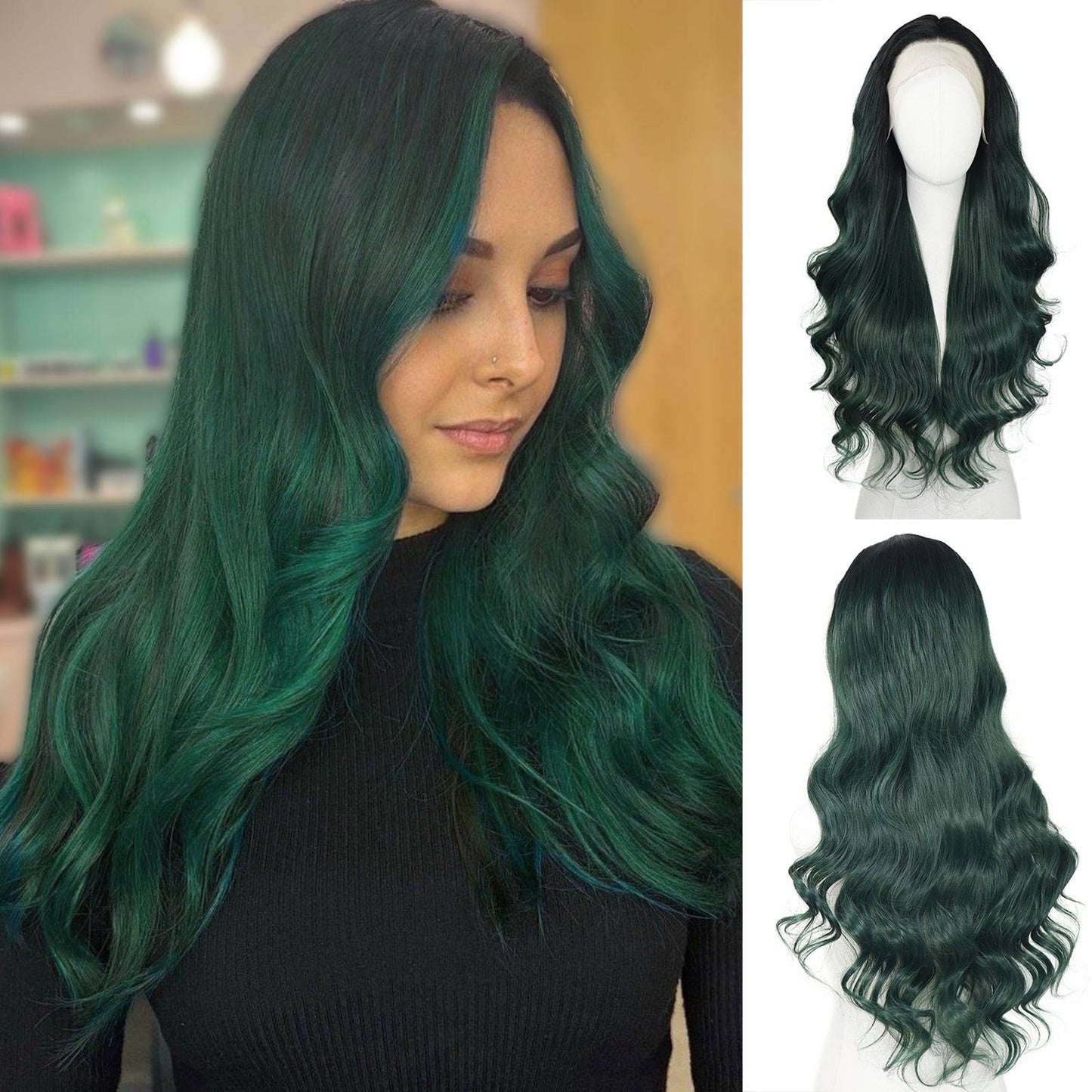 Ombre Verde Escuro Ondulado Perucas Sintéticas Raízes Escuras Cosplay Peruca Verde Renda Frente 13x4 Para Mulheres Pré-Arrancada Linha do Cabelo Natural
