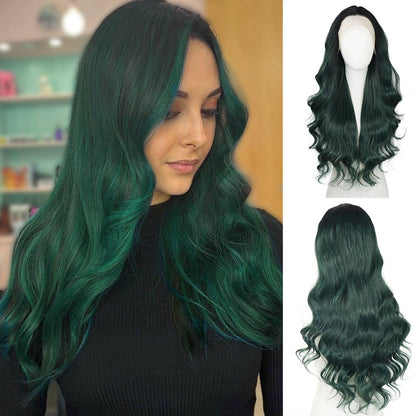 Ombre Verde Escuro Ondulado Perucas Sintéticas Raízes Escuras Cosplay Peruca Verde Renda Frente 13x4 Para Mulheres Pré-Arrancada Linha do Cabelo Natural