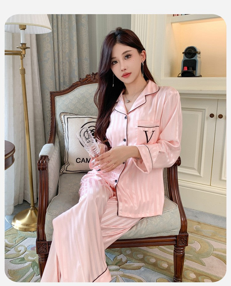 Women's Ice Silk Pajama Set Long Sleeve Long Pants Lightweight Sleepwear for Spring And Autumn Comfortable Homewear Pj Set