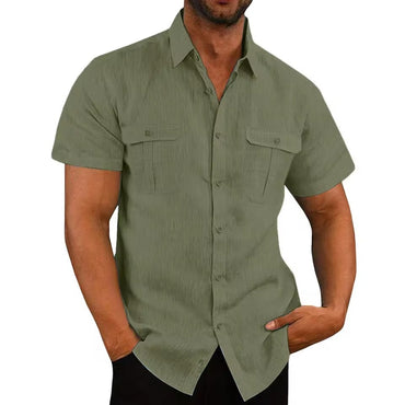 Cotton Linen Hot Sale Men's Short-Sleeved Shirts Summer Solid Color Turn-down collar Casual Beach Style Plus Size
