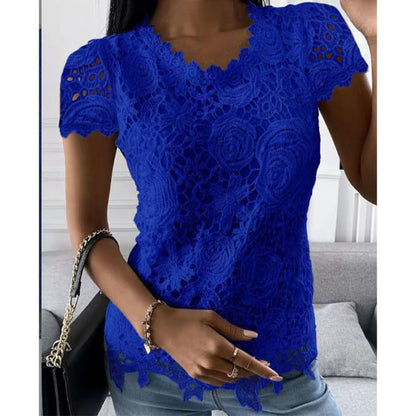 Women Lace Blouse Tops Summer V Neck Short Sleeve Lace Patchwork OL Blouse Shirts LRFZ-9911