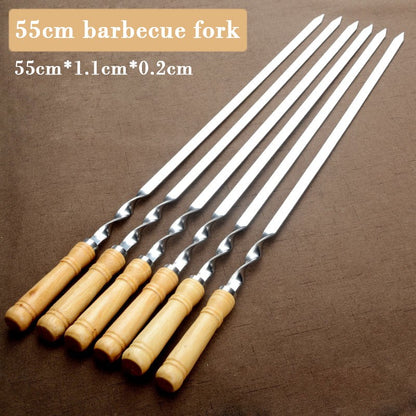 55cm Wood BBQ Fork BBQ Skewers Long Handle Kebab Barbecue Grill Sticks Reusable Stainless steel Outdoor Camping Grill Needle