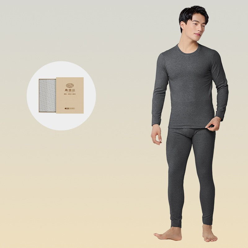 6760 Autumn Winter Keep Warm Slim Underwear Tops Pants For Men Good Quality Mulberry Silk Fleece Thicken Simple Male Sets Gift
