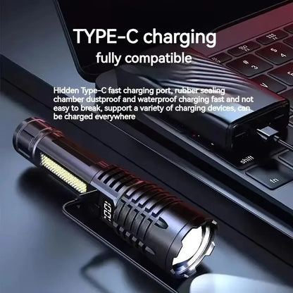 Super Bright COB LED Flashlight TYPE-C Rechargeable Zoomable With Side Light Waterproof Torch Camping Hiking Emergency Outdoor