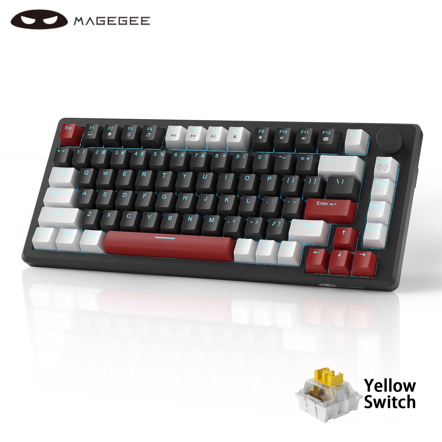 Teclado Mecânico Gamer MageGee 75% com Knob, Teclado Gamer com Fio Retroiluminado Azul Switch Vermelho/Amarelo para PC Windows