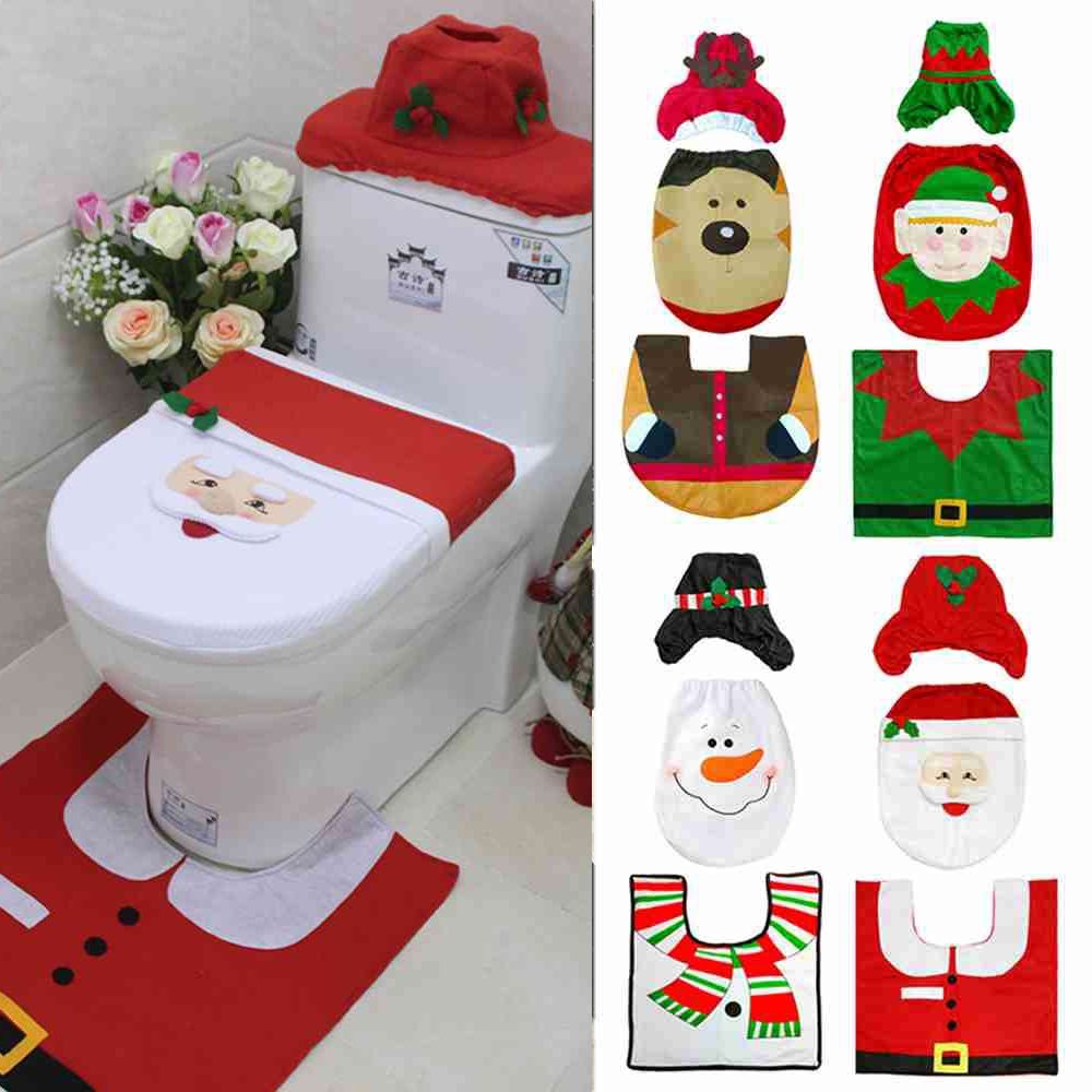 3 peças Tapetes de banho decorativos de Natal Decoração de Natal para banheiro Capa de assento de vaso sanitário de desenho animado Acessórios de banheiro