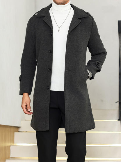 1PCS Men's Woolen Overcoat Jacket, Autumn Winter Casual Long Sleeve Outerwear, Lapel Pocket Design Comfortable Daily Wear