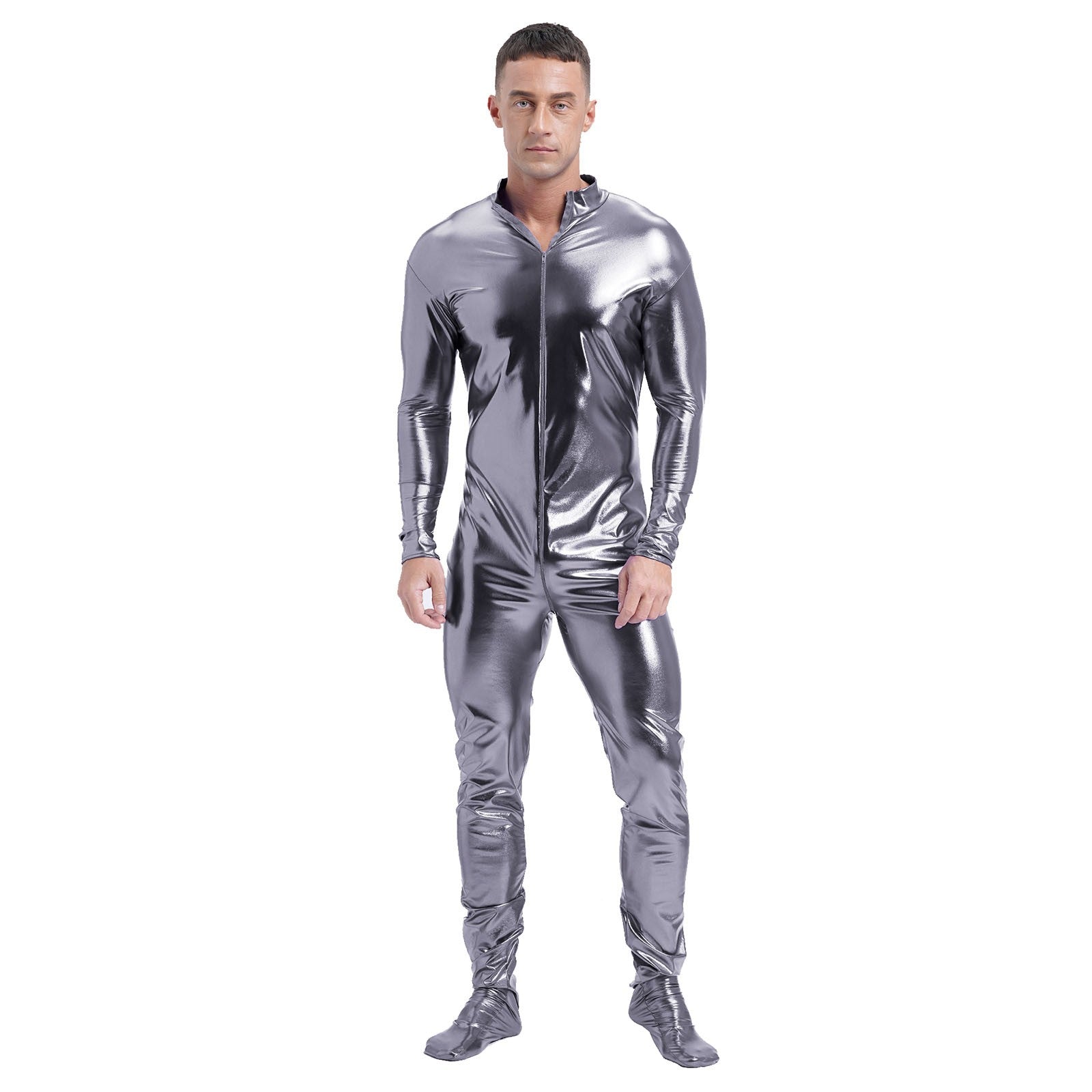 Men's Shiny Metallic Zentai Dress-up Jumpsuit Cosplay Costume Performance Stage Disco Clubwear Full Body Unitard Tights Leotard