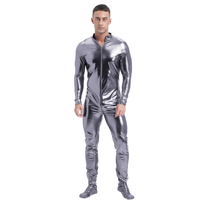 Men's Shiny Metallic Zentai Dress-up Jumpsuit Cosplay Costume Performance Stage Disco Clubwear Full Body Unitard Tights Leotard