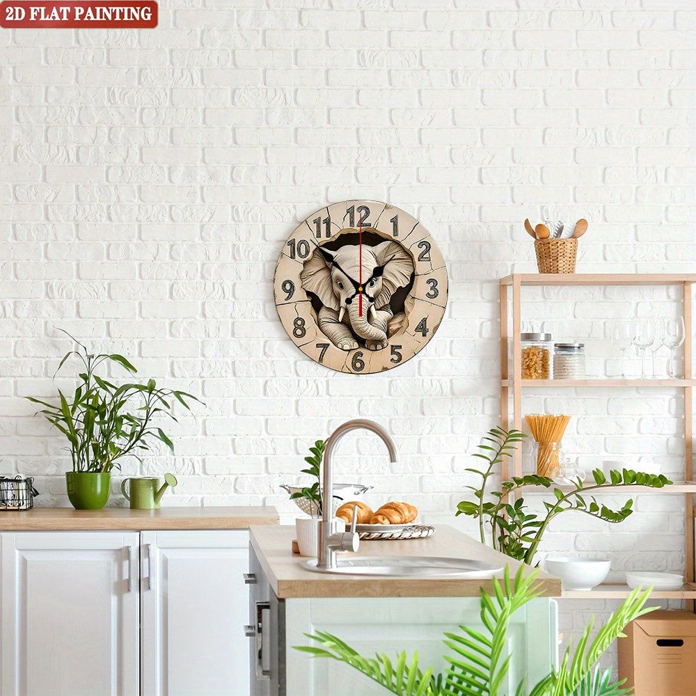 Elephant Digital Wall Clock. Wooden round silent display for living room, bedroom or office.