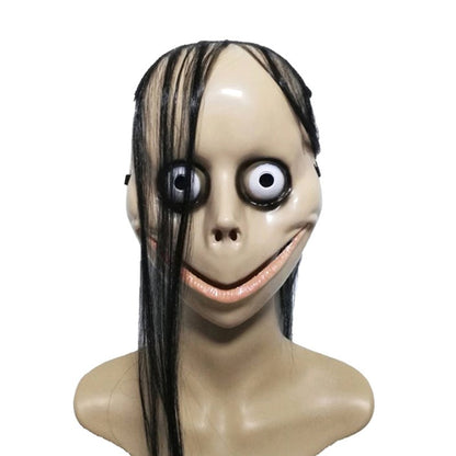Halloween MO MO Mask With Long Hair Big Eyes Funny Mask Horror Ghost Party Costume Props V-shaped Mouth Mask Halloween Cosplay