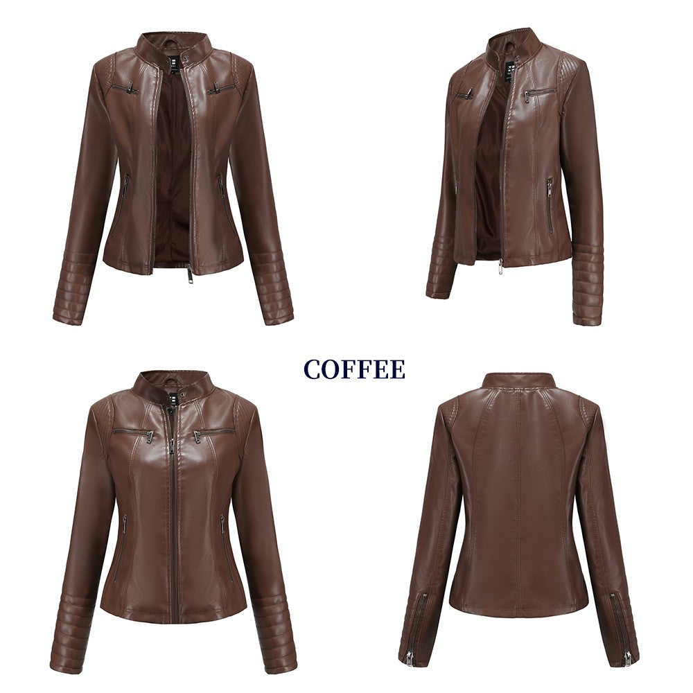 Women's Slim Leather Jacket, Stand-up Collar, Zipper Stitching, Monochromatic Coat, Fashion Clothing, New