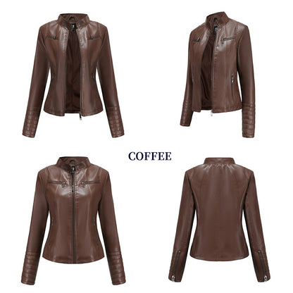 Women's Slim Leather Jacket, Stand-up Collar, Zipper Stitching, Monochromatic Coat, Fashion Clothing, New