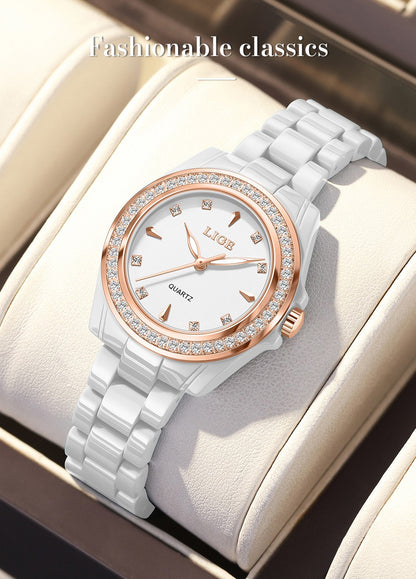 LIGE Fashion Elegant Watch for Women Ceramics Strap Diamond wristwatch Luxury Ladies Bracelet Quartz Watches Gifts Reloj Mujer