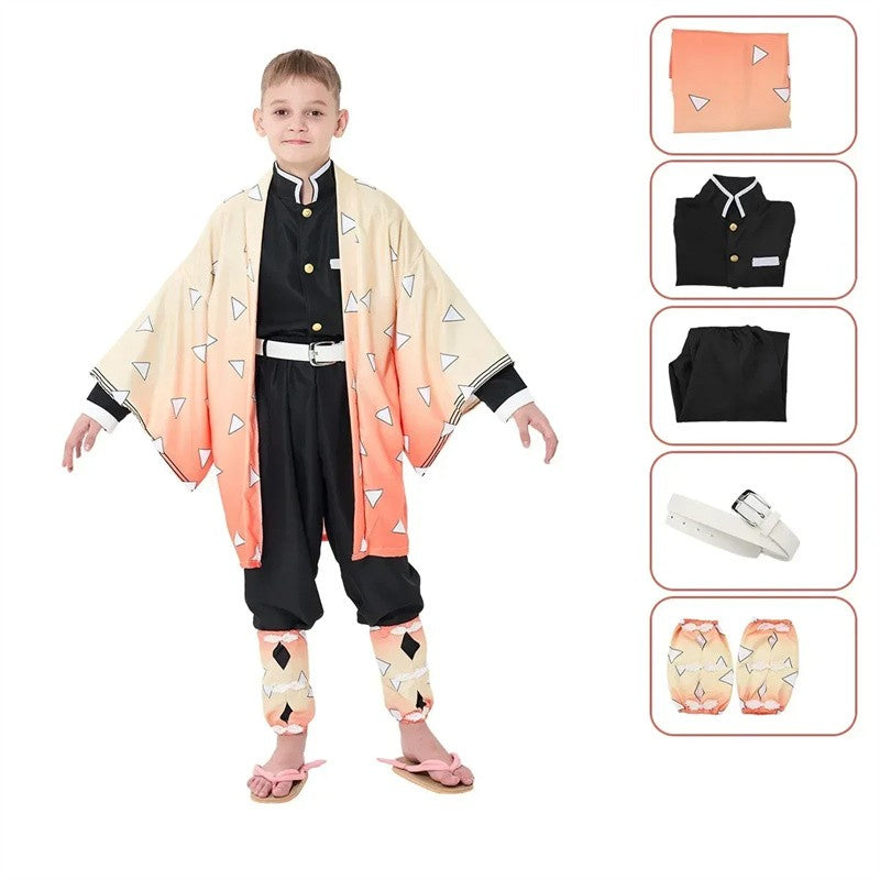 Kids Demon Slayer Corps Kimetsu No Yaiba Cosplay Costume - Kamado Tanjirou Uniform with Anime Cloak Agatsuma Zenitsu Dress-Up Ou