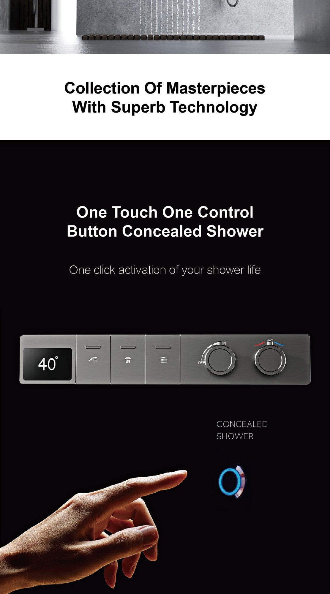 Sistema de chuveiro de teto luxuoso em latão cinza escuro com temperatura constante e display digital LED de água quente e fria, torneira de banheiro embutida