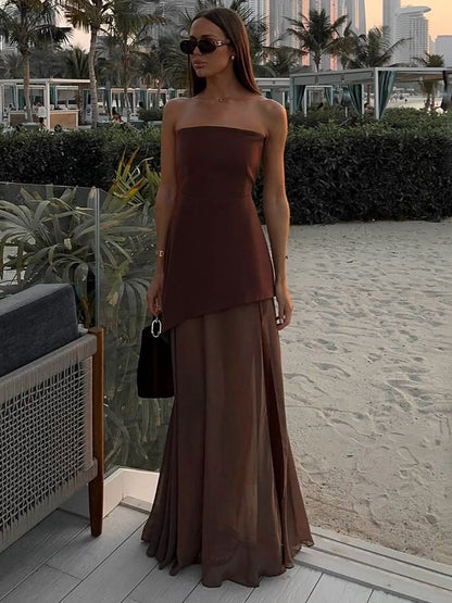 TARUXY Fashion Strapless Dress With Ribbon Female Elegant Sleeveless Mesh Beach