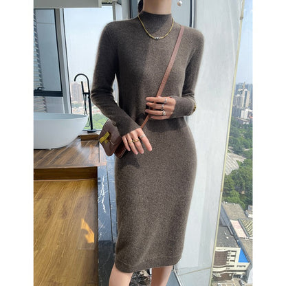 Autumn And Winter 100% Pure Wool Ladies Long Sweater Skirt Semi-High Collar Cashmere Dress Large Knit Bottoming Skirt