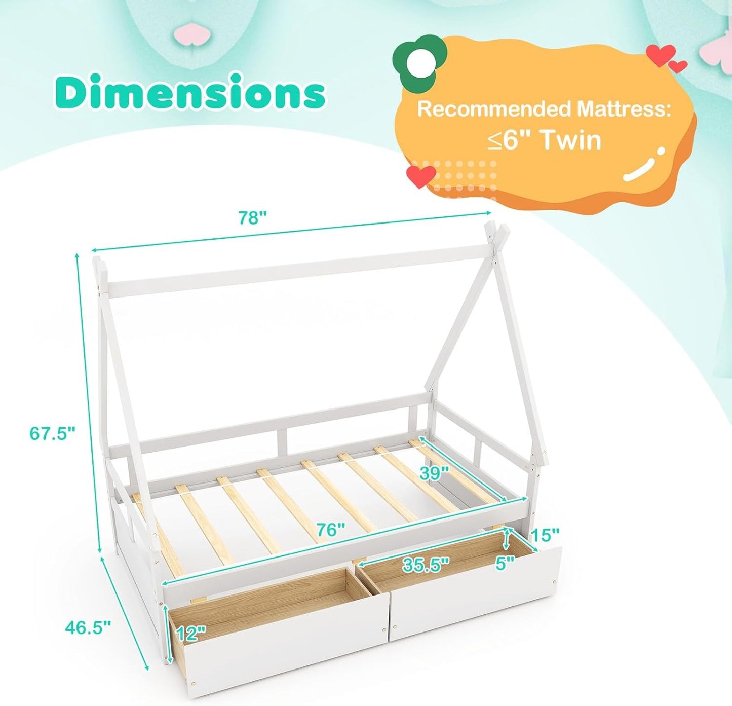 Twin Bed with 2 Storage Drawers, Wood Montessori House Tent Bed Frame with Safety Guardrail, Low Teepee Bed with Wood Sl