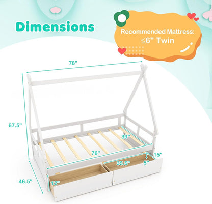 Twin Bed with 2 Storage Drawers, Wood Montessori House Tent Bed Frame with Safety Guardrail, Low Teepee Bed with Wood Sl