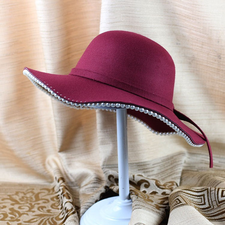 Chapéu-coco de lazer retrô feminino de outono e inverno, edição coreana, moda, guarda-sol, pérola, chapéu de lã, para desfiles e passeios de outono