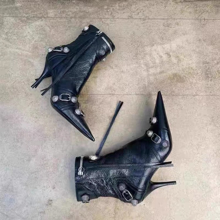 Autumn Winter Women Ankle Boots Sexy Pointed Toe Pole Dance High Heels Pumps Fashion Zip Rivet Chelsea Thin Shoes Female D171