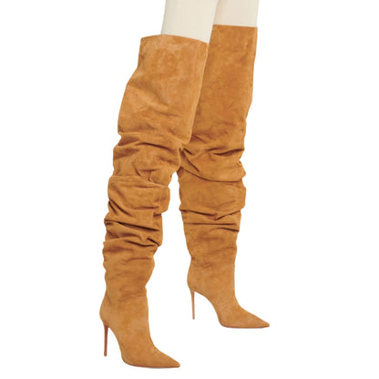 Women's New Pointed Pleated High-heeled Knee High Boots, Autumn and Winter Suede Thigh Boots, Women's Plus Size Stacking Boots