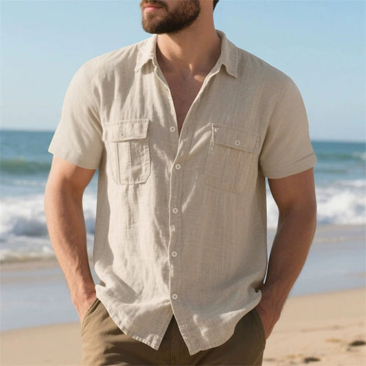 Summer Men's Cotton Linen Short Sleeve Shirt Double Pocket Solid Color Cargo Shirts Casual Vacation Beach Style Lightweight Tops