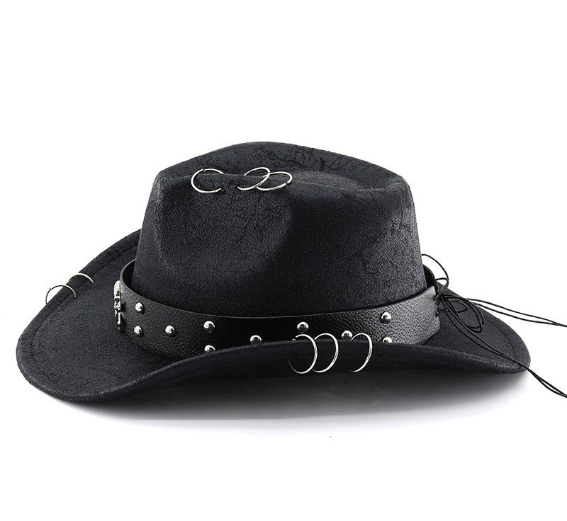 Unisex PU Leather Cowboy Hat - Western Style Panama Skull Belt for Party, Studded Metal Skeleton Festival Accessory