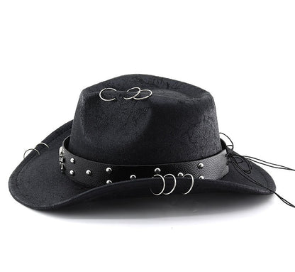Unisex PU Leather Cowboy Hat - Western Style Panama Skull Belt for Party, Studded Metal Skeleton Festival Accessory