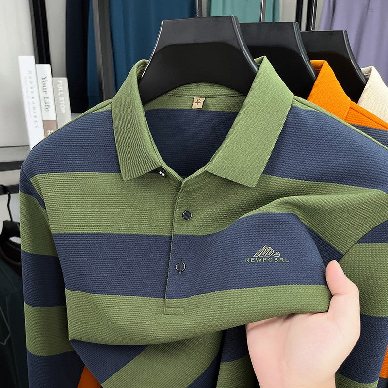 Unique stripe color blocked long sleeve polo shirt men high-end trend brand letters embossed spring autumn new comfort T-shirt