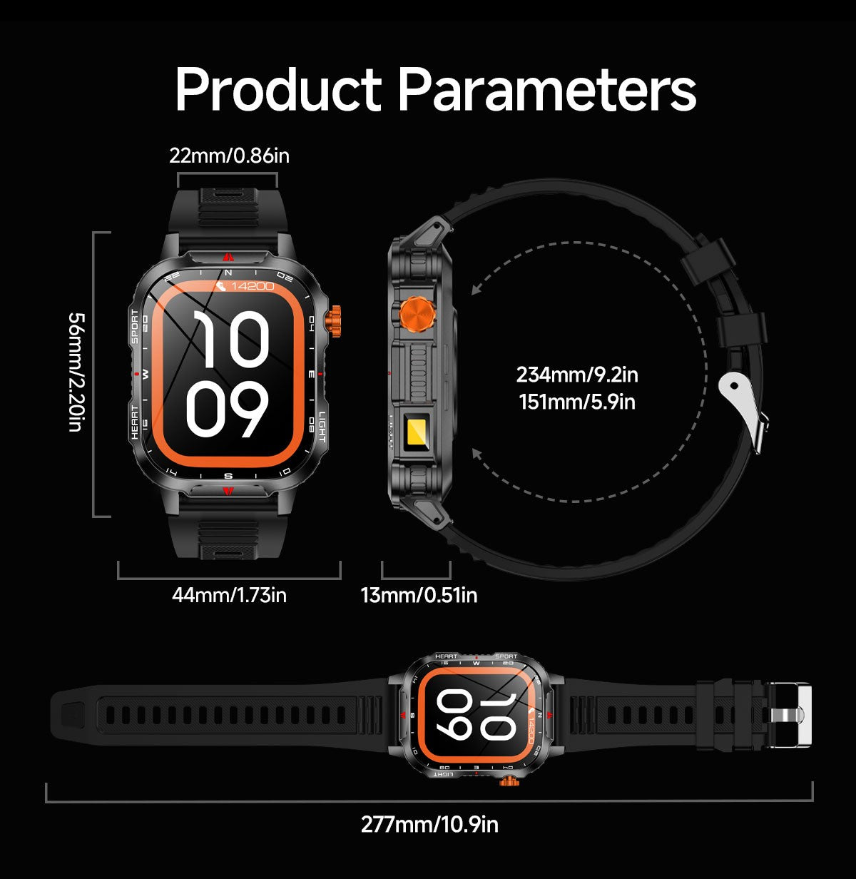 Novo Smartwatch Global 2.01 Polegadas Bateria Grande de 1100mAh Luz LED Bússola Masculino Relógio Esportivo Outdoor Assistente de Voz Chamada Sem Fio