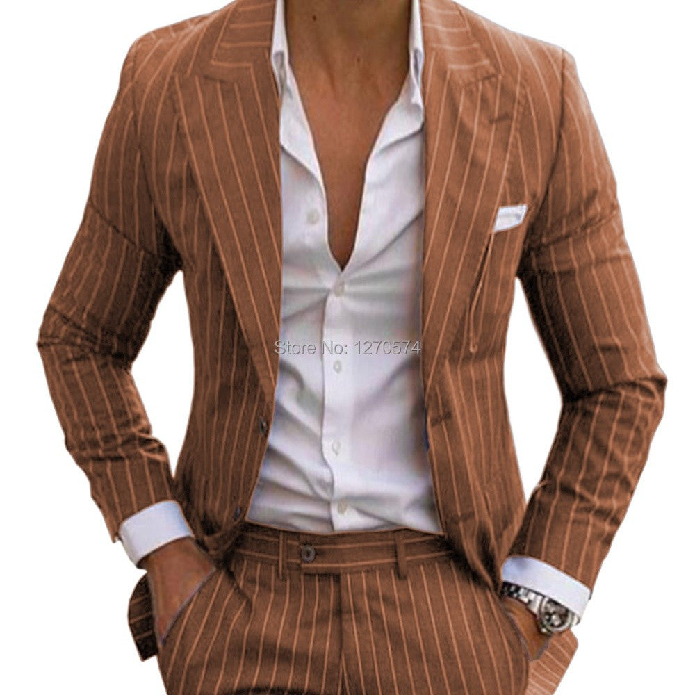 Slim Fit Pinstripe Smoking Suit for Men Peaked Lapel Tuxedo 2-Piece Blazer And Pants Wedding Groomsmen Formal Wear
