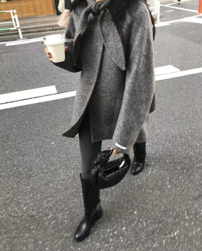 Korean Sle Woolen Coat Women's Chic Temperament Sweet Bow Tie Collar Hooded Warm Woolen Coat Long Sve Mid-Length