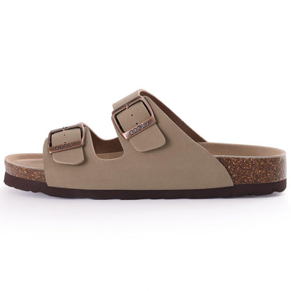 Shevalues Men Classic Leather Sandals Fashion Double Outdoor Beach Shoes Comfort Unisex Cork Footbed Slippers With Arch Support