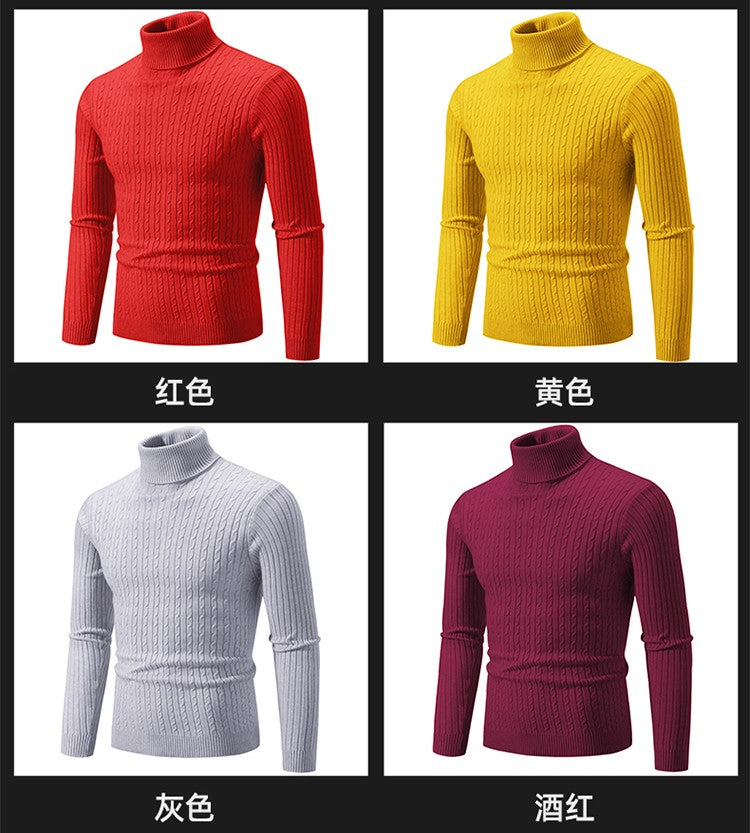 Autumn and Winter Men's Sweater Thin Elastic Fine Knitted Warm Top Versatile High Neck Solid Color Tight Fitting Pullover Top