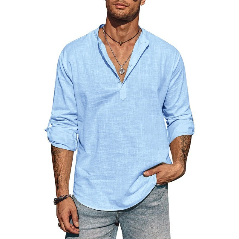 Mens Long Sleeve Cotton Shirt Linen Stand Collar T-shirts Lightweight Breathable Streetwear Half Button Hawaiian Large Shirt