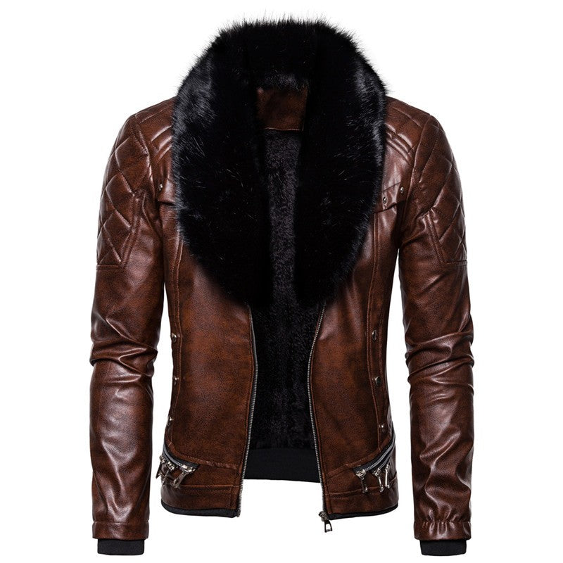 New Winter Fleece Motorcycle Leather Jacket Men Turn Down Fur Collar Slim Fit Warm PU Bomber Jackets Coats Mens Moto Biker Coat
