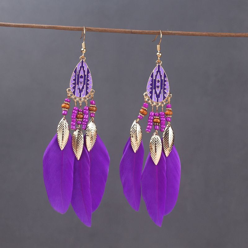 Brincos femininos longos de pena estilo boho, praia, com borla longa, miçangas, flores artesanais esmaltadas, para noiva, casamento, Pendientes Mujer