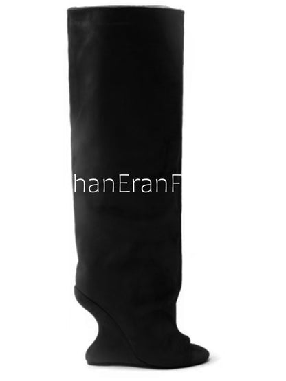 2025Spring and Autumn Fashion New Thick High Heels Women's Knee Length Wide Tube Version Fish Mouth Boots Middle Top Boots