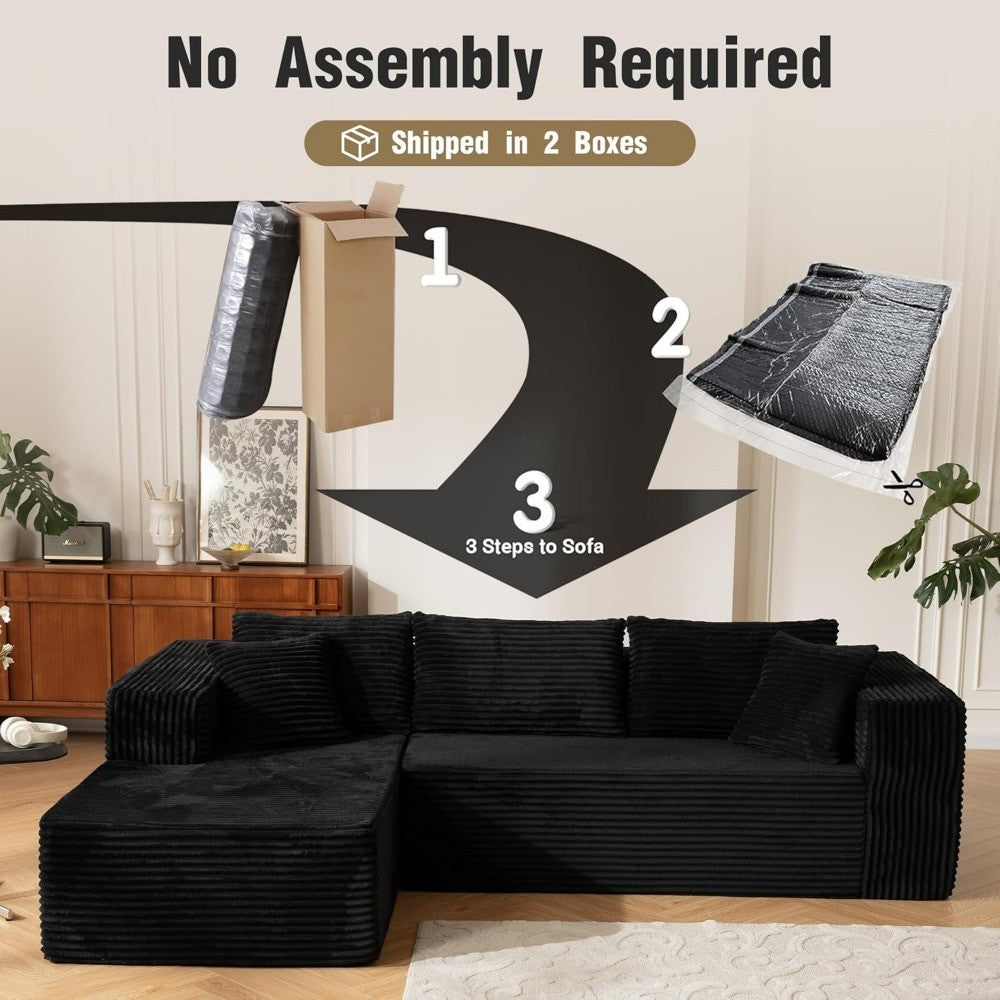 110” No Assembly Compression Boneless in a Box Cloud Sectional Couches for Living Room L-Shape Sleeper Sofa, Modern Modular Cord